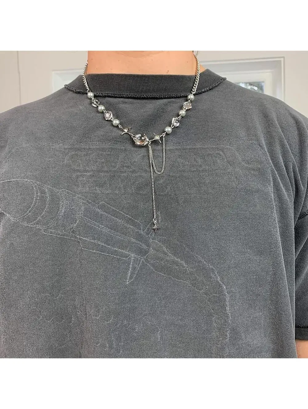 Cyber y2k grunge silver and beaded futuristic glass opal pendant necklace.
